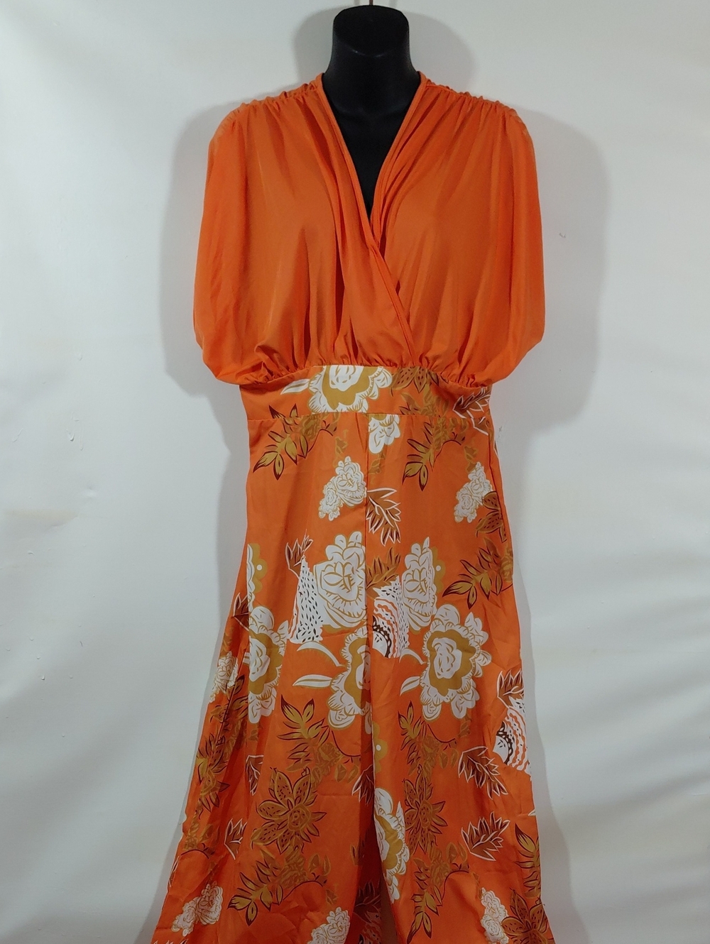 Women's Orange Brown Fall Colors Floral V-Neck Wrap Stretchy Jumpsuit L/XL